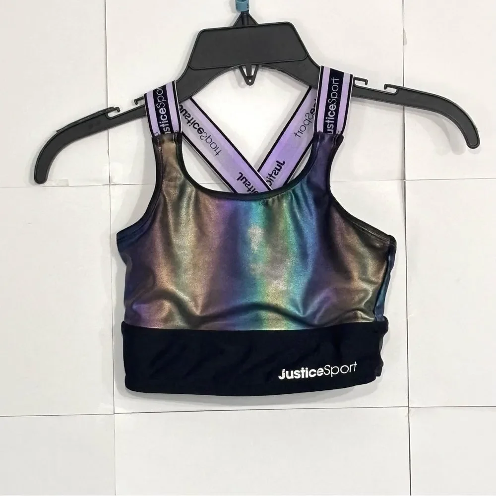 Justice Sport Girls Black Shimmery Takini Swim Top Bikini Size S 7/8 Sports Bra
